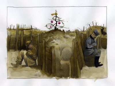 First World War: the loneliness of two enemy soldiers, British and German, in the trench at Christmas time 1914-1918 by Alessandro Lonati