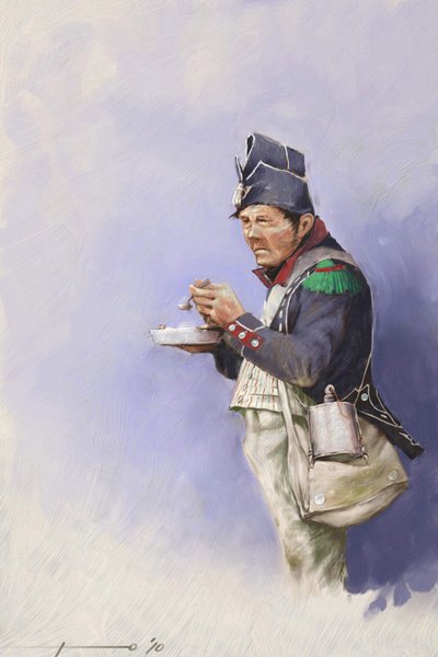 Light Infantry Soldier During Meal in a Campaign of Napoleon I by Alessandro Lonati
