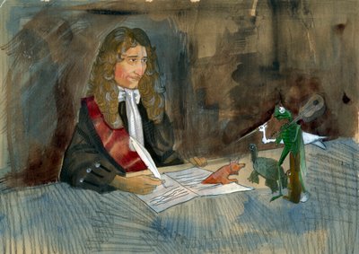 French writer Jean de la Fontaine looking at his characters of his fables by Alessandro Lonati