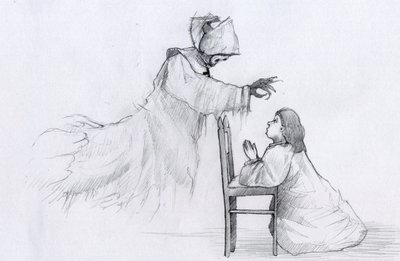 Ghost of an Elderly Nun with Crooked Hands Appears to a Little Girl Praying by Alessandro Lonati