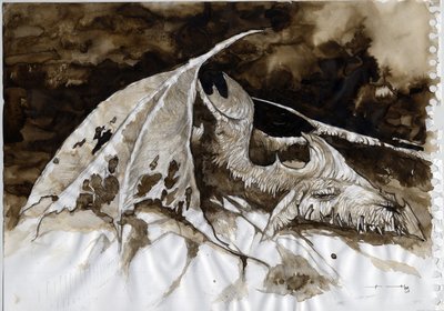 Illustration of a fantastic and legendary animal: dead dragon carcass by Alessandro Lonati
