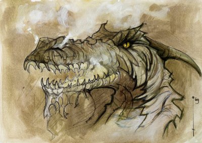 Illustration of a fantastic and legendary animal: dragon head rejecting smoke through the muzzle by Alessandro Lonati