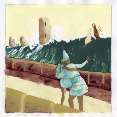 Illustration of the myth of Atlantis: view of the tsunami flooding the Greek city of the legendary island by Alessandro Lonati