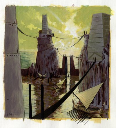 Illustration of the myth of Atlantis: view of the Greek city of the legendary island before its disappearance by Alessandro Lonati
