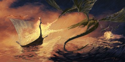 Legendary creature: dragon attacking a drakkar (Viking boat) by Alessandro Lonati