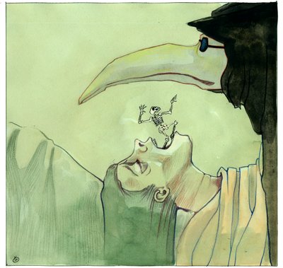 Plague Doctor Wearing a Beak-like Mask Filled with Aromatic Items in Front of a Victim by Alessandro Lonati