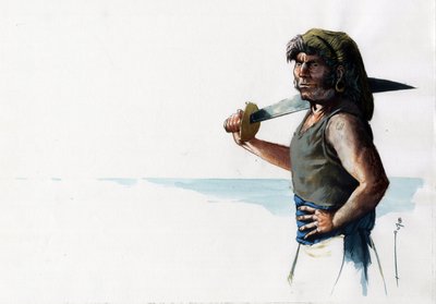 Portrait of a pirate or sailor with a sword looking at the sea by Alessandro Lonati