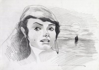 Portrait of a pirate woman of the Caribbean with sunset on the horizon by Alessandro Lonati