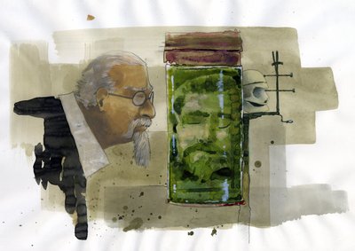 Portrait of an Italian criminologist looking at his own head preserved in formalin by Alessandro Lonati