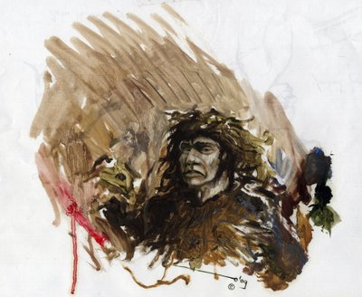 Prehistory: representation of a Neanderthal man in the Middle Paleolithic by Alessandro Lonati