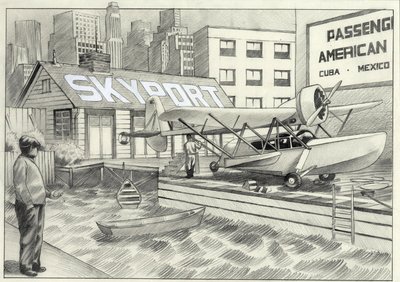 USA, New York: view of the sea airport with a seaplane waiting for takeoff in the 1950s by Alessandro Lonati
