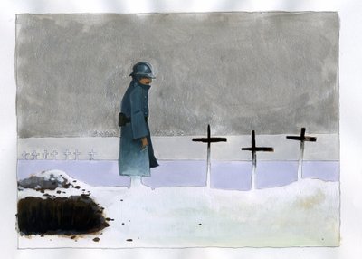 WWI: a French soldier in a war grave looking at the crosses by Alessandro Lonati