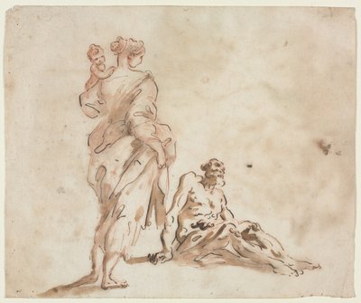 A Standing Woman Holding a Child, a Seated Male at her Feet by Alessandro Magnasco