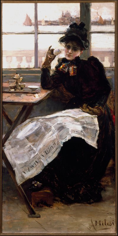 A Woman in Black, Reading the Newspaper, Sipping a Cup of Coffee in a Bistro by Alessandro Milesi