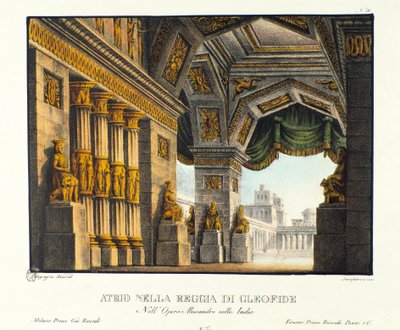 View of the entrance to the Royal Palace of Cleophis, mistress of King Poros defeated by Alexander the Great Scenography for the representation of the opera 