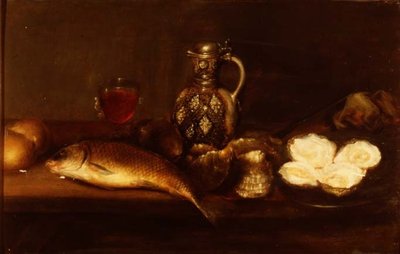 A Breakfast Still Life with a Stoneware Jug, Fish and Oysters by Alexander Andriessen