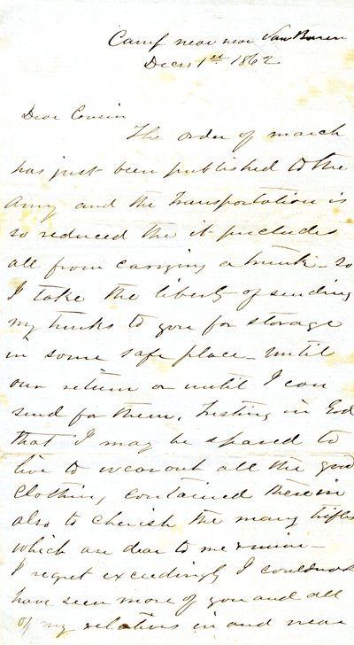 Letter signed A.E. Steen, camp near Van Buren, to his cousin Mrs. Mary Walker, Van Buren, Ark., December 1, 1862 by Alexander Early Steen