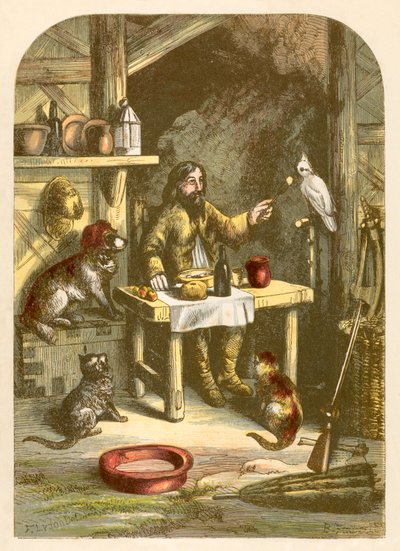 Robinson Crusoe at dinner with his little family by Alexander Francis Lydon