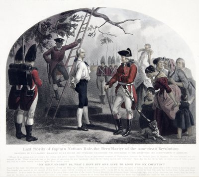 Last Words of Captain Nathan Hale, pub. 1858 (hand coloured engraving) by Alexander Hay Ritchie
