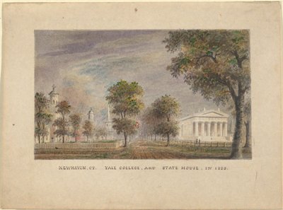 New Haven CT. Yale College and State House in 1830 by Alexander Jackson Davis