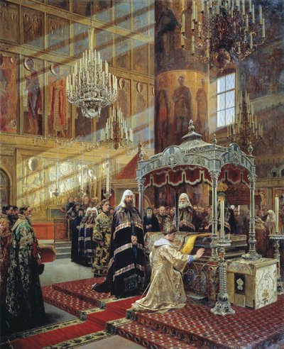 Tsar Alexis and Patriarch Nikon at the Coffin of Metropolitan Philip of Moscow, 17th century, 1886 by Alexander Litovchenko