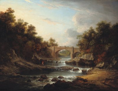 View on the River Almond, near Edinburgh, with Almondell Bridge and a fisherman by Alexander Nasmyth