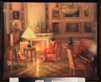 Interior with a Woman by the Fireplace by Alexander Sredin