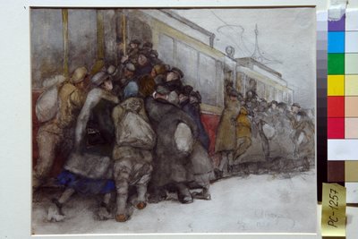 People trying to board an already full tram by Alexander Vakhrameyev