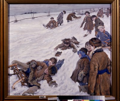 Winter Sports. Sledding scene in a snowy field, warmly dressed children having fun and laughing. Painting by Alexander Viktorovich Moravov by Alexander Viktorovich Moravov