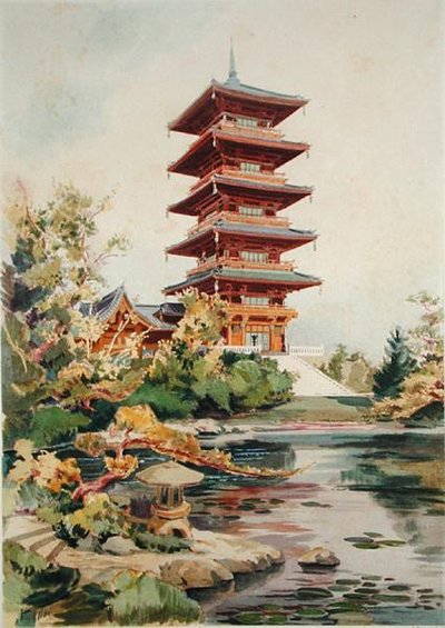 Japanese Tower in the Royal Park at Laeken, Belgium, from Orientalisme et Architecture Contemporaine, engraved by Jules Adolphe Chauvet (b.1828) by Alexandre Auguste Louis Marcel