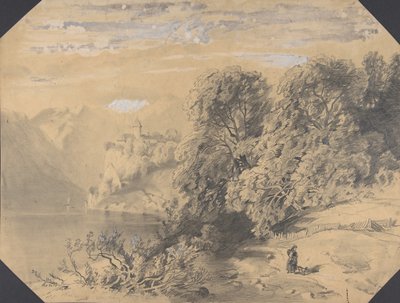 Woman with a Dog by a Mountain Lake by Alexandre Calame