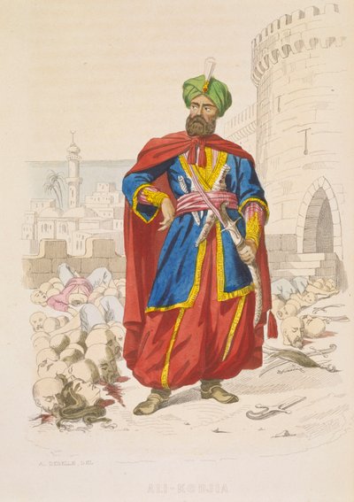Ali Khoja, ruler of Algiers 1816-1818, resplendent in a green turban and wearing a fine sword, is surrounded by the severed heads of vanquished enemies after the bombardment of 1816 by Alexandre Debelle