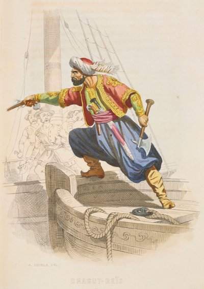 Dragut Reis, the famous Barbary corsair, prepares to board an enemy vessel in search of loot, mid 19th century by Alexandre Debelle
