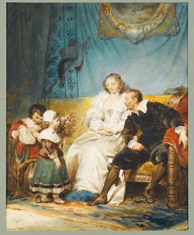 Rubens and Hélène Fourment Sitting with Frans Holding a Letter and Isabelle Hélène Giving Them a Bouquet of Roses by Alexandre Evariste Fragonard
