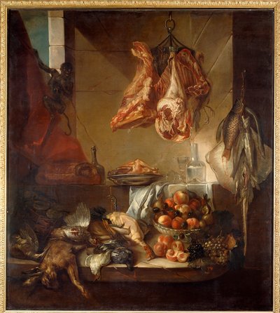 A kitchen interior still life of game, fruit and meat by Alexandre Francois Desportes