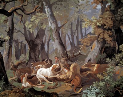 Stag Hunting Dussy wallpaper after a painting by Alexandre-Francois Desportes by Alexandre Francois Desportes
