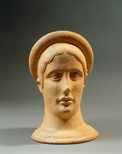 Close-up of a bronze votive feminine head with a cap, Italic civilization, 4th-3rd century BC by Nicolas Toussaint Charlet