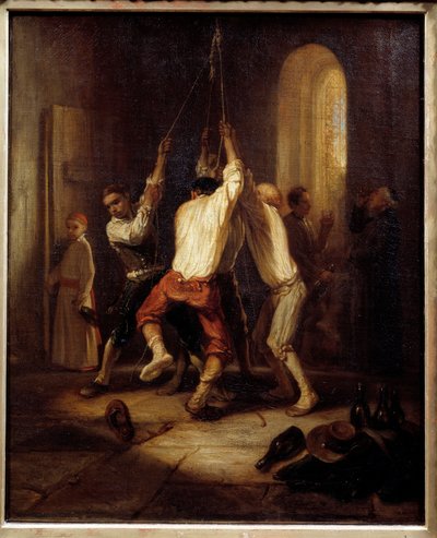 The ringtones. Men pull the rope to ring the bells. Painting by Alexandre Gabriel Decamps (1803-1860) by Alexandre Gabriel Decamps