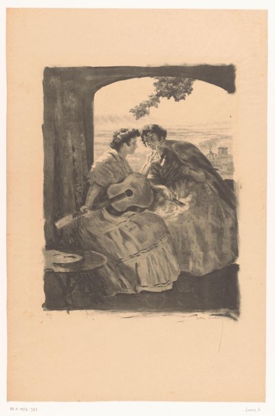 Two Spanish Women with Guitar and a Parrot by Alexandre Lunois (signed by artist)