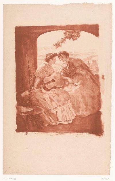 Two Spanish Women with Guitar and a Parrot by Alexandre Lunois (signed by artist)