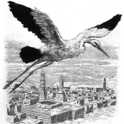 A stork flying over a North African village by Alexandre Lunois