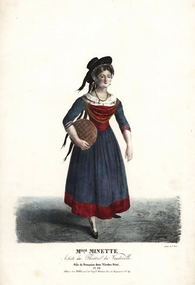 Actress Mademoiselle Minette or Jeanne-Marie-Francoise Menestrier as Francoise in Nicolas Remi by Sewrin, Theatre du Vaudeville by Alexandre Marie Colin