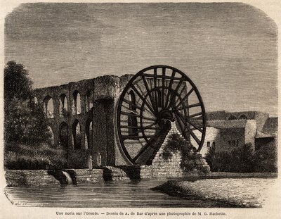 La noria (hydraulic machine for raising the water level using the energy produced by the current) on the Oronte River, a river in the Middle East that crosses Syria to the Mediterranean Sea, drawing by A.de Bar, to illustrate the mission of Ernest Renan by Alexandre de (after) Bar