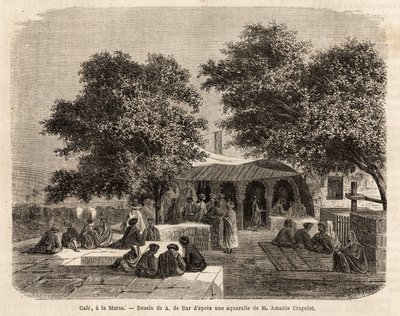 View of a cafe in La Marsa (Tunis), drawing by A.de Bar, to illustrate a trip to Tunis, in 1859, by Amable Crapelet. Engraving in “Le tour du monde”, edited by Edouard Charton by Alexandre de (after) Bar