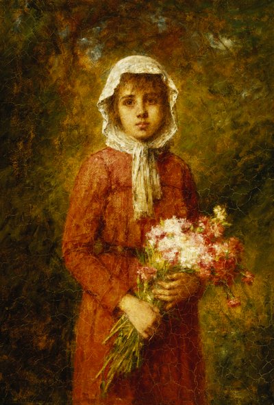 A Young Girl Holding a Bouquet of Flowers by Alexei Alexevich Harlamoff