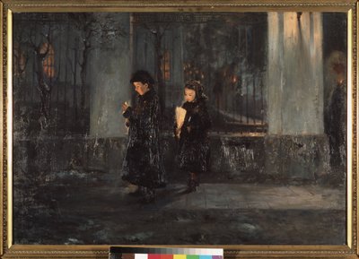 Maundy Thursday. Two little girls holding candles, heading to church for Easter celebration by Alexei Nikolayevich Ostrogradsky