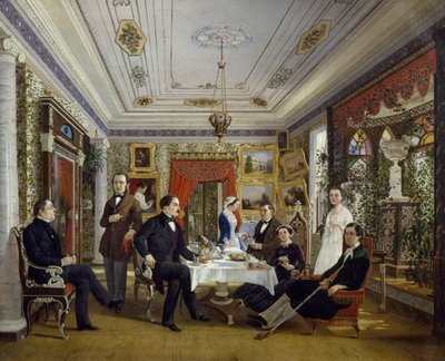 The Tarnovskj Family Drinking Tea at Table by Alexei Yakovlevich Voloskov