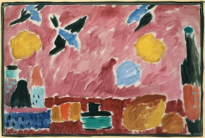 With Red Swallow Wallpaper (Still Life with Bottle, Bread, and Red Swallow Wallpaper). 1915 by Alexej von Jawlensky
