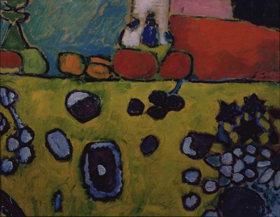 Still life with a colourful tablecloth by Alexej von Jawlensky