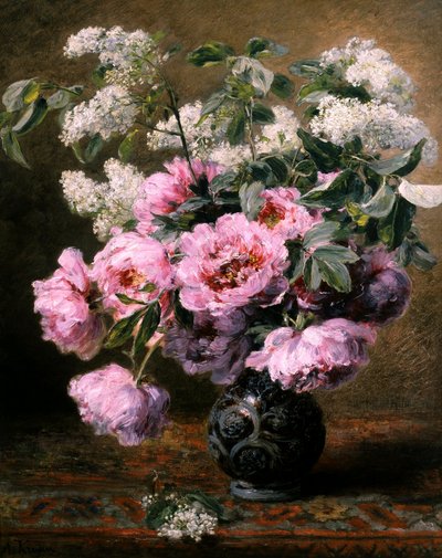 Still Life of Summer Flowers with Peonies and Lilacs. Painting by Alexis Kreyder. Private Collection. by Alexis Kreyder